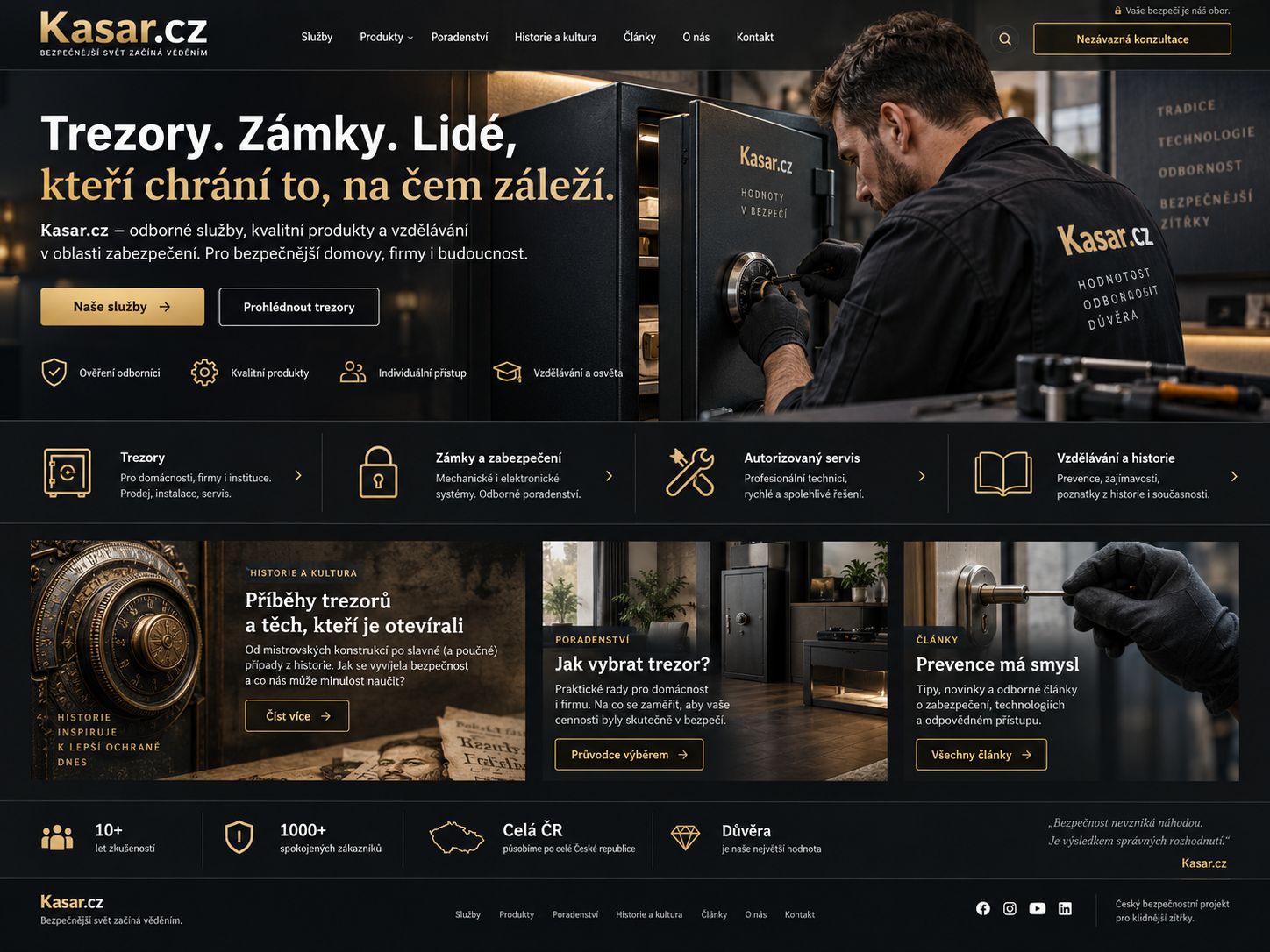 Ilustrační návrh černo-zlatého webu Kasar.cz s trezorem a odborným servisem